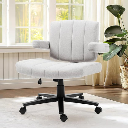 Vigosit Grey Criss Cross Office Chair with Wheels, Ergonomic Wide Seat Vanity & Dressing Table Chair, Adjustable Arms Swivel Rolling Desk Chair for Women, Comfortable Cross-Legged Support