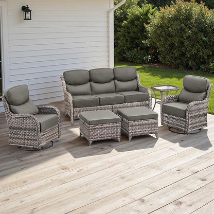 Wicker Outdoor Patio Furniture Set - 6 Piece Patio Conversation Sets with Swivel Rocker Chairs, Ottomans, Sofa and Side Table, 6 inch Cushions, Waterproof Wicker, for Porch Deck Mixed Grey/Grey