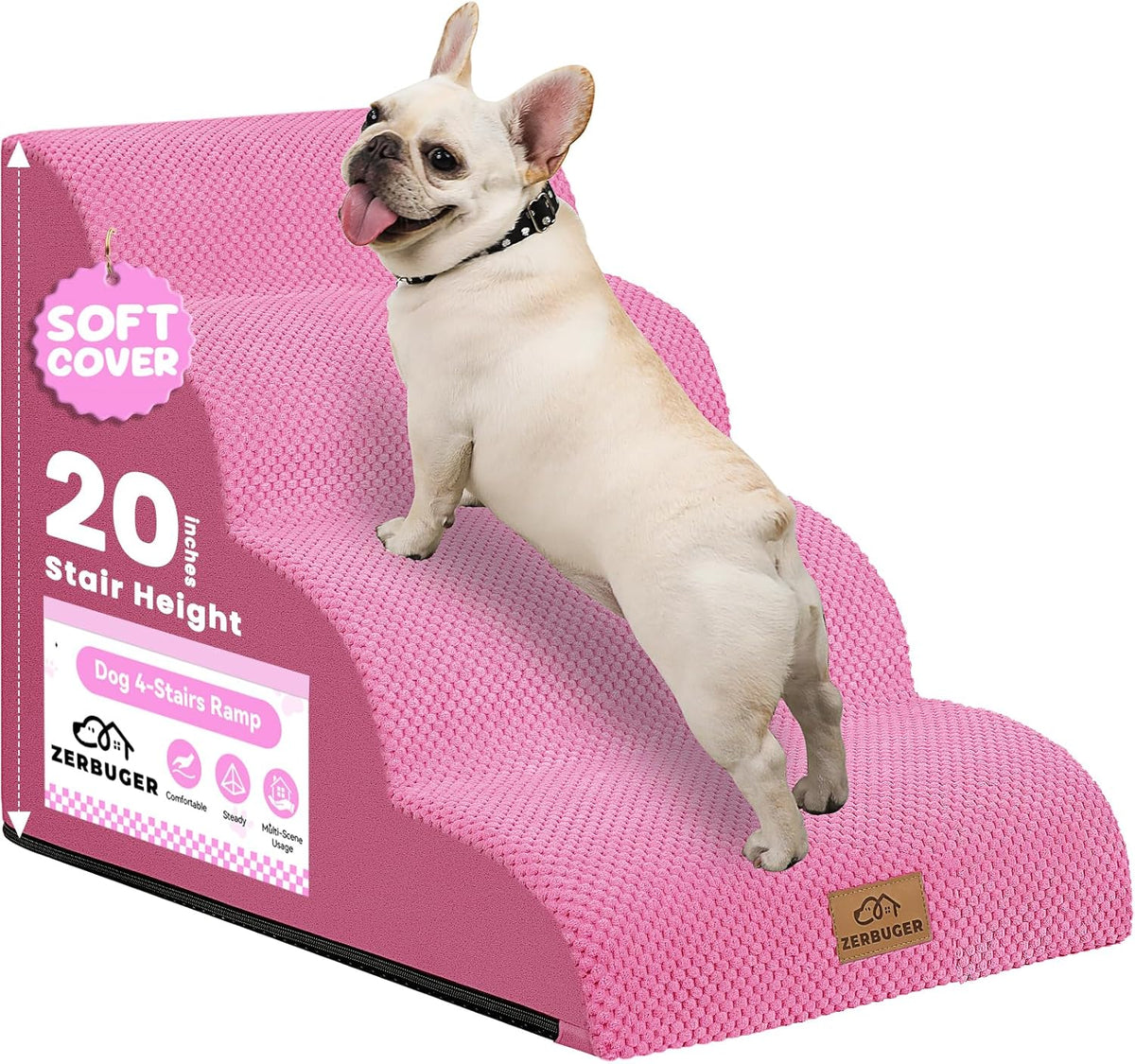 Dog Ramp and Stair for Bed 16" H-20 H,3-Step Cat Stair for Sofa and Chair,4-Step Dog Ramp for High Bed and Window,Durable Nonslip Fabric Cover for Indoor (Pink-20 H, Pet Friendly, 4)