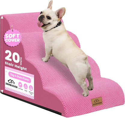 Dog Ramp and Stair for Bed 16" H-20 H,3-Step Cat Stair for Sofa and Chair,4-Step Dog Ramp for High Bed and Window,Durable Nonslip Fabric Cover for Indoor (Pink-20 H, Pet Friendly, 4)