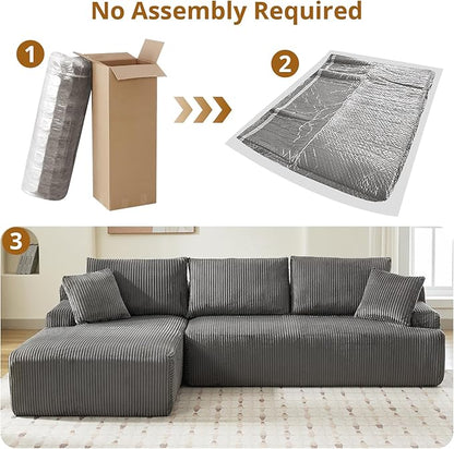 Sectional Cloud Couch for Living Room L Shaped Couch with 3 Seat Ind. Chaise Longue Corduroy Fabric Boneless Modular Modern Sofa with Pillows for Apartment and Small Space Grey