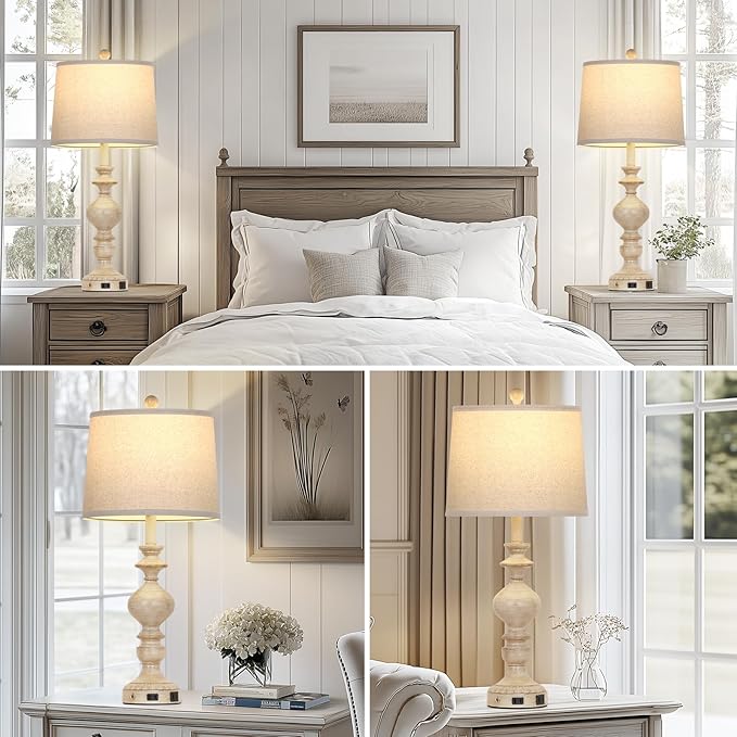 28" Farmhouse Table Lamps Set of 2, Rustic Lamp for Living Room with USB C+A Ports & AC Outlet, 3 Way Touch Control Resin Bedside Lamps, Retro Bedroom Lamp for Nightstand Side End Table Desk, Beige
