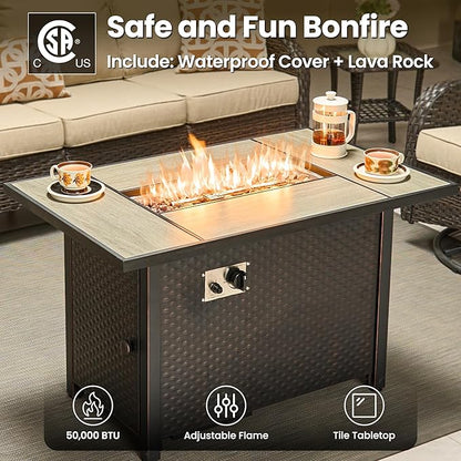 ovios 8 Pieces Patio Furniture Set, Outdoor Wicker Sofa Couch with Swivel Chairs 42" Fire Pit Table, High Back Modern All Weather Conversation Sets, Brown Rattan, Beige