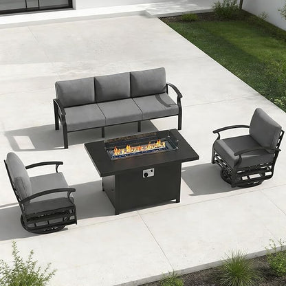 RTDTD Aluminum Outdoor Patio Furniture Set,4 Pieces 5 Seats Patio Conversation Sets with 45" Propane Fire Pit Table,Metal Patio Sectional Furniture Set with 2 Swivel Rocking Chairs,Grey