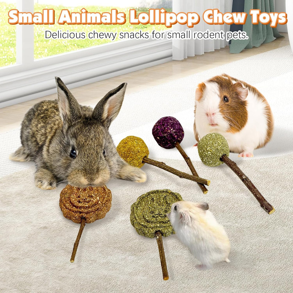 Fhiny Rabbit Chew Toys, 30 PCS Natural Bunny Lollipop Chew Sticks Handmade Guinea Pig Molar Treats for Teeth Small Animals Snacks for Guinea Pig Bunny Chinchilla Hamster Gerbil Teeth Care
