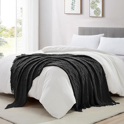 BOURINA Black Throw Blanket 50 x70 Inches Jacquard Argyle Throw Textured Solid Soft Throws and Blankets for Sofa or Bed Knitted Decorative Blanket