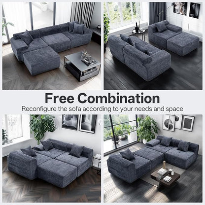 119’’ Modular Sectional Sofa, Cloud Sectional Couch with Deep Seat, Modern Modular Compression Sofa Couch with Chaise, Upholstered Couches, Throw Pillows for Living Room Bedroom, Blue