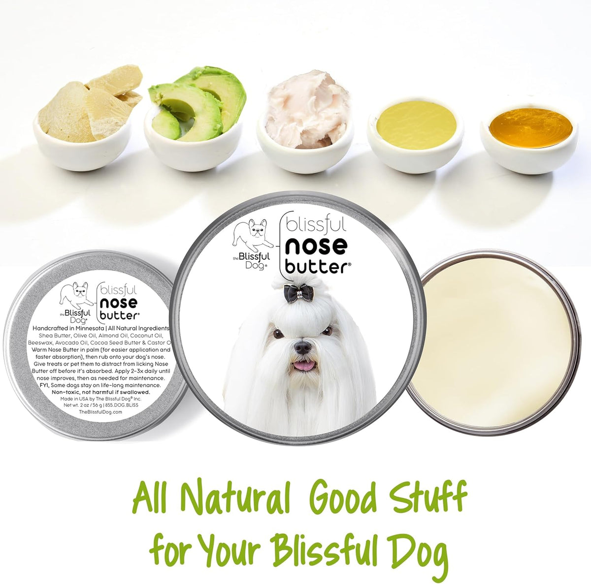 The Blissful Dog Maltese Nose Butter for Dry, Cracked Skin, Lick-Safe Dog Nose Balm with Moisturizing Shea Butter, Almond, Olive, and Essential Oils, Pet Supplies, Uncented, 2 oz.