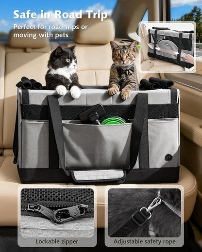 Pecute Cat Carrier, Soft Double Pet Crate for 2 Cats Travel, Gray | 5mm Anti-collapse Frame, Convertible Dual Space, Foldable, Polyester Breathable mesh, Up to 26 lbs, Car Travel & Vet Visits