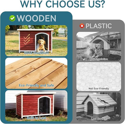 Petsfit Weatherproof Wooden Outdoor Dog House, Large, 1-Year Warranty