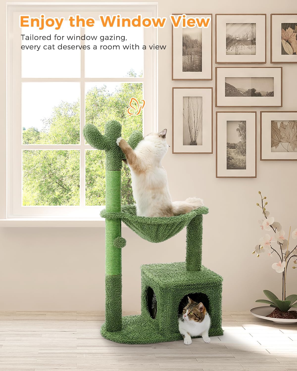 Cactus Cat Tree 40" Cat Tower with Large Metal Carpet Hammock, Cat Scratching Post for Indoor Cats with Condo & Replaceable Toy Ball, Green