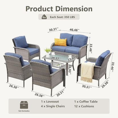 CAODOC 6-Piece Wicker Patio Furniture Set, All-Weather Rattan Conversation Bistro Loveseat Chair and Table Set for Backyard, Balcony and Deck with Soft Cushions and Metal Table(Blue)