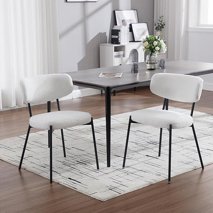 KCC Boucle Dining Chairs Set of 2, Modern Mid-Century Upholstered Stylish Kitchen Chairs Sherpa Accent Diner Chairs with Metal Legs and Curved Back for Kitchen, Dining Room(White)