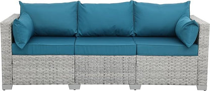WAROOM Outdoor Couch 3 Seater Wicker Patio Sofa Grey Rattan Deep Seat Balcony Furniture Porch Seating with Peacock Blue Cushion
