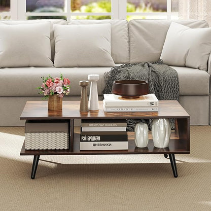 Giantex Coffee Table with Storage, Mid Century Modern Center Table for Living Room, Rectangle Tea Table with Open Storage Shelf & Floor-Anti-Scratching Tapered Metal Legs, Rustic Brown (Rustic Brown)
