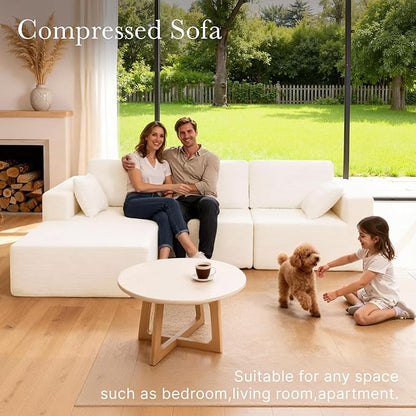 108” Modular Sectional Sofa Couch with Ottoman, 3-Seater Boneless Couch, L Shape Sectional Sofa Compressed Sofa for Living Room Bedroom, No Assembly Needed (White, 3 Seats+1 Ottoman)