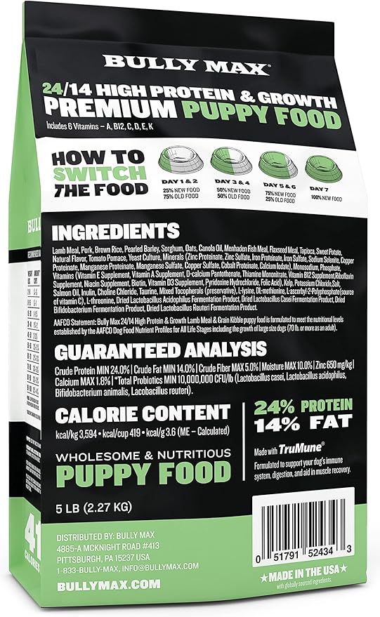 Bully Max Puppy Food 24/14 High Protein & Growth Formula - Dry Dog Food with Lamb and Rice for Small Dogs and Large Breed Puppies - Natural, Slow-Cooked, Sensitive Stomach Pet Food, 5-Pound Bag