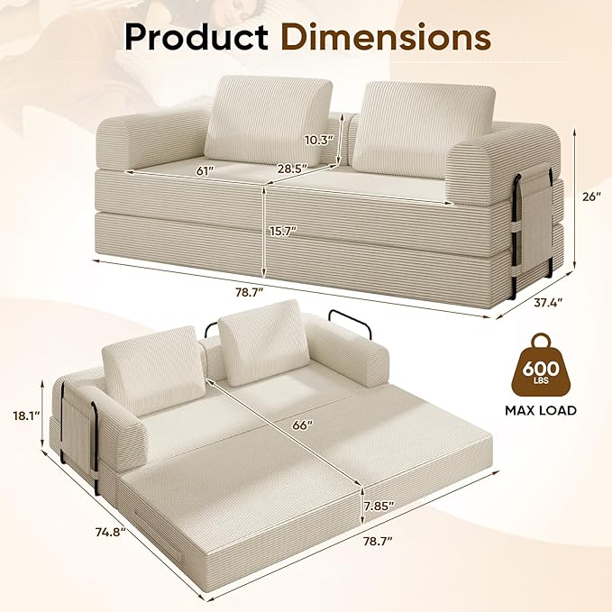Antetek Convertible Sofa Bed, Comfy Corduroy Fluffy Love seat Sleeper Sofa, 5 in 1 Folding Couch Bed, Fold Out Floor Couch with Pillows for Bedroom, Living Room, Office, Pinstripe, Beige
