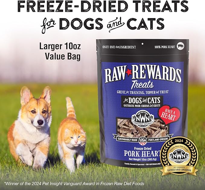 Northwest Naturals Raw Rewards Freeze-Dried Pork Heart Treats for Dogs and Cats - Bite-Sized Pieces - Healthy, 1 Ingredient, Human Grade Pet Food, All Natural, Proudly Made in USA, 10 Oz
