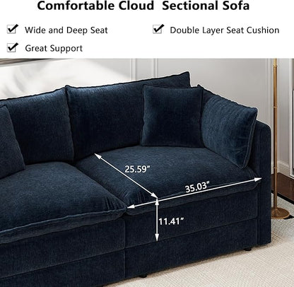 Aoowow Modular Sectional Sofa Modern Convertible Loveseat Couch,77.16 Inch Deep 2-Seater Sofas Comfy Chenille Cloud Sofas and Couches Set with 2 Movable Ottoman for Living Room Apartment（Blue）