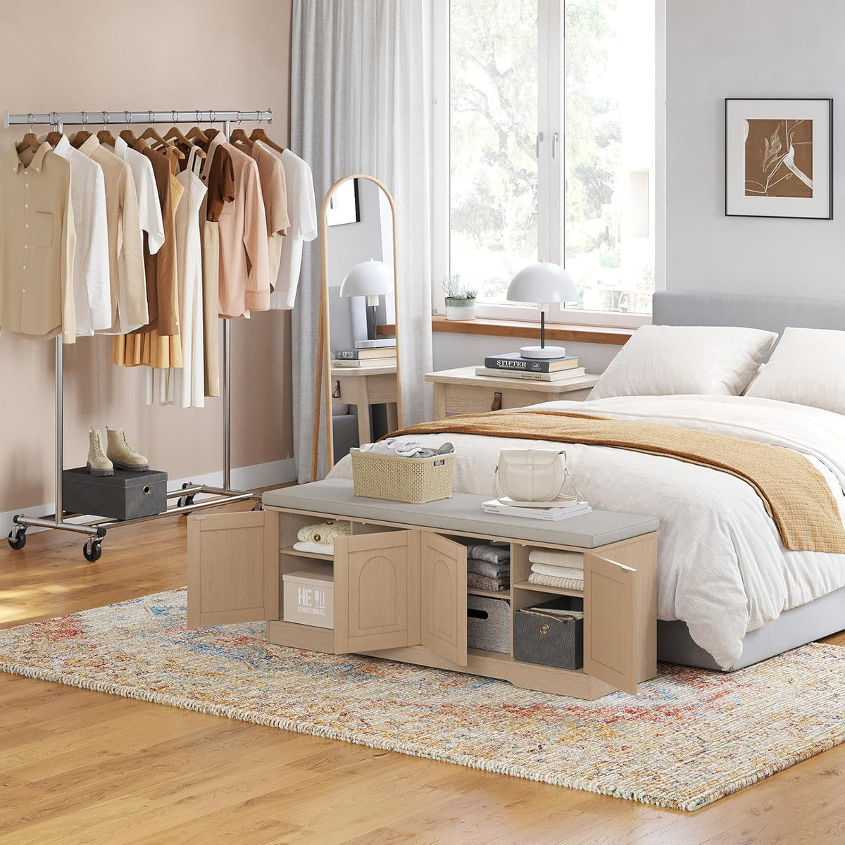 DINZI LVJ Shoe Bench, Entryway Storage Bench with Doors, Cushion, 2-Tier Shoe Rack with 8-Cubby, 47.2”L x 13.8”W Shoe Organizer Cabinet, Adjustable Shelf, Living Room, Bedroom Natural
