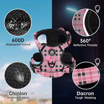 NESTROAD No Pull Dog Harness with Leash, Reflective No Choke Pet Vest Harness,Adjustable Soft Padded Dog Harness with Easy Control Handle for Medium Dogs(Checkered Pink,Medium)