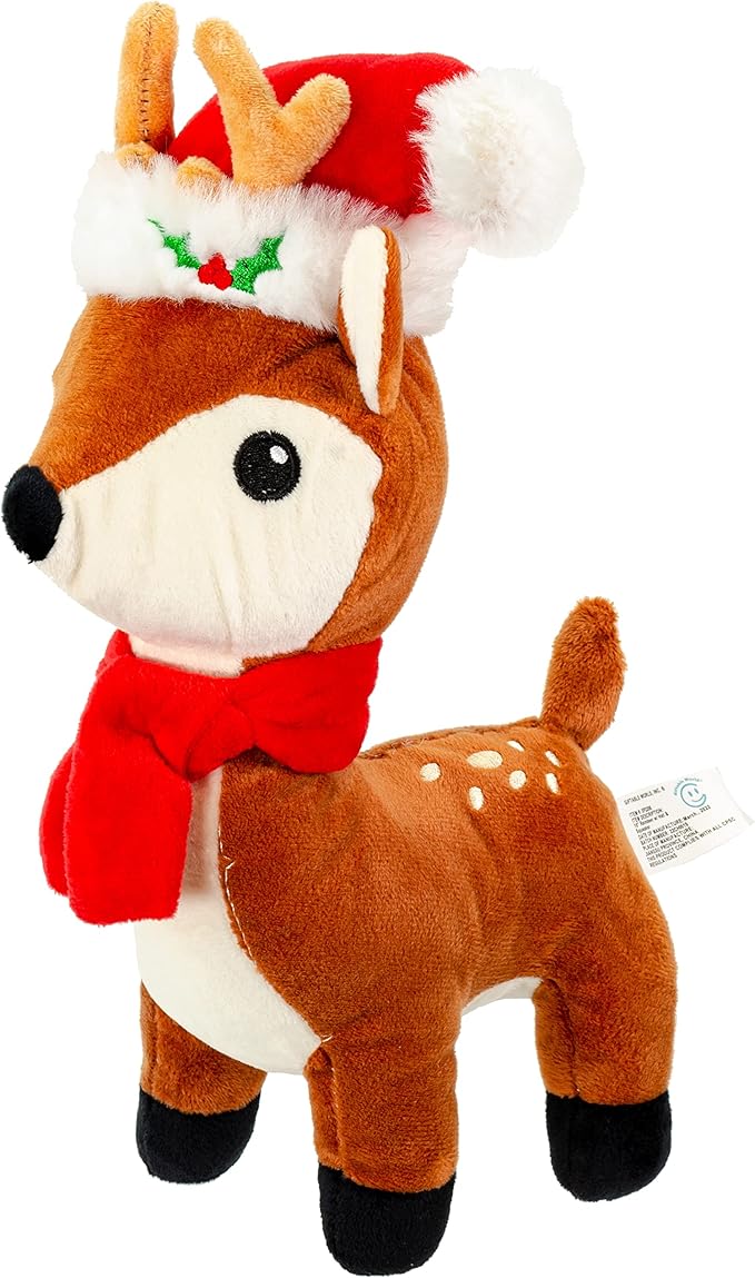 Giftable World Holiday Plush Pet Toy Fun for Christmas Designs with Squeaker Dog Chew Toy (10" Reindeer w/Hat & Squeaker)