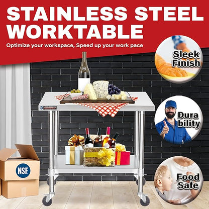 DuraSteel 24x36 NSF Stainless Steel Cart - Heavy Duty Rolling Food Prep Table with Undershelf - Metal Utility Cart for Commercial Restaurant Kitchen, Laundry, Outdoor Portable BBQ Grill