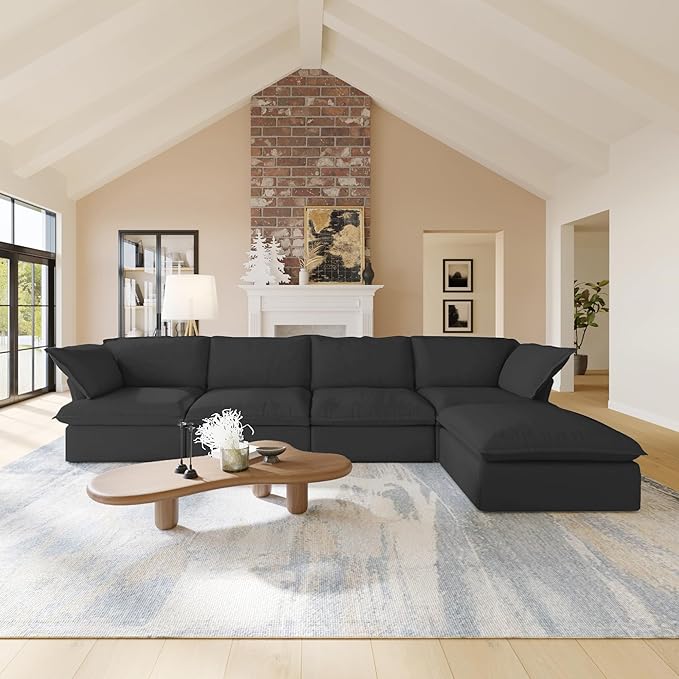 WJShome 162.98" Cloud Modular Sectional Sofa, L Shaped Couch Filled with Down, Minimalist Wide Deep Seat Couches for Living Room Apartment Lounge Bedroom (Black 4 Seater+1 Ottoman)