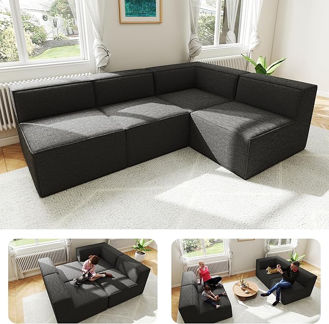 97" Sectional Compressed Sofa Modular Couches,High-Density Foam No Assembly Required,3-Piece(1xCorner 3xArmless) for Living Room, Chenille Dark Grey