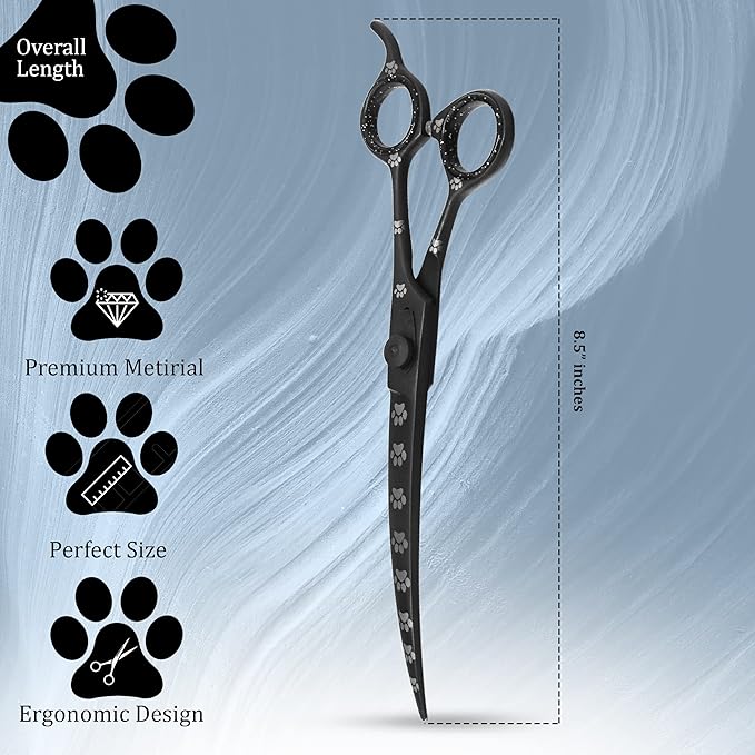 Professional Dog Grooming Scissors/Shears, Curved, with Paw Prints for Dogs, Cats & Pets (Right Handed, Black, Stainless Steel 8 Inch)