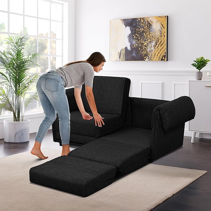 FHFO 65" Loveseat Sleeper Couch for Small Spaces, 3 in 1 Pull Out Sofa Bed Convertible Sleeper Sofa Comfy Sofabed for Living Room, Bedroom, Apartment (Black)