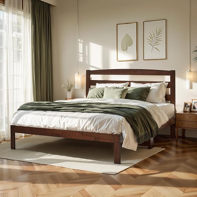 Hokway Wood King Bed Frame and Headboard- No Wobble,Noise-Free,Easy Assembly with Precise Holes,12 in Reinforced Center Legs,No Box Spring Needed,Walnut