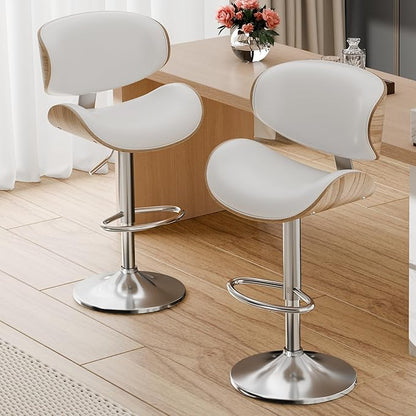 Aowos Bar Stools Set of 2, Adjustable Swivel Leather Bar Stools for Kitchen Island, Mid Century Modern Counter Height Bar Chairs Barstools with Back & Footrest (Cream White)