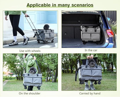 Pecute Cat Carrier with Wheels,Steel Wire Frame Cat Carrier, Stable Pet Trolley Bag for Cats, Pet Handbag and Stroller, Portable Cat Carrier Bag for Car Travel Bus Subway, Grey