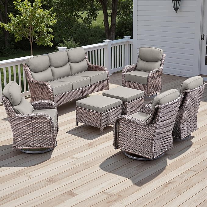 Rilyson Wicker Outdoor Patio Furniture Set - 7 Piece Patio Conversation Sets with Swivel Rocker Chairs, Ottomans and Sofa, 6 inch Cushions, Waterproof Wicker, for Porch Deck Brown/Beige