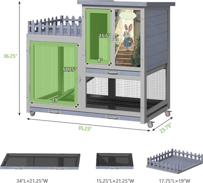Wood Rabbit Hutch with Balcony - Small Animal House Bunny Cage on Wheels for Indoor Outdoor, Rabbit Cage Included Ramp, Pull Out Tray, (Grey with Pattern)