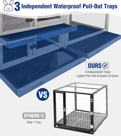 Large Rabbit Hutch Indoor, Bunny Cage Outdoor with Chew-Proof Ramp, 2-Story Guinea Pig Cages with 6 Wheels, 3 Pull-Out Trays, Waterproof Asphalt Roof, 62" L - Grey
