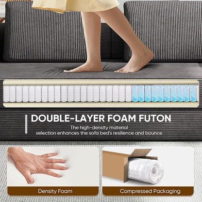 Antetek Convertible Sofa Bed, Comfy Corduroy Fluffy Love seat Sleeper Sofa, 5 in 1 Folding Couch Bed, Fold Out Floor Couch with Pillows for Bedroom, Living Room, Office, Pinstripe, Grey