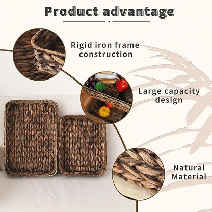 Water Hyacinth Woven Serving Tray Rectangular Hand-Woven Wicker Storage Trays for Coffee/Breakfast/Dessert/Fruit/Bread (Brown-Small)
