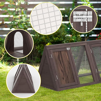 Outdoor Chicken Coop Wooden A-Frame Small Animal Coop Rabbit House Quail Cages with Outdoor Runs & Ventilated Wire Fence Suitable for Garden Backyard Farms 47 x 18 x 19.5 in (Brown)
