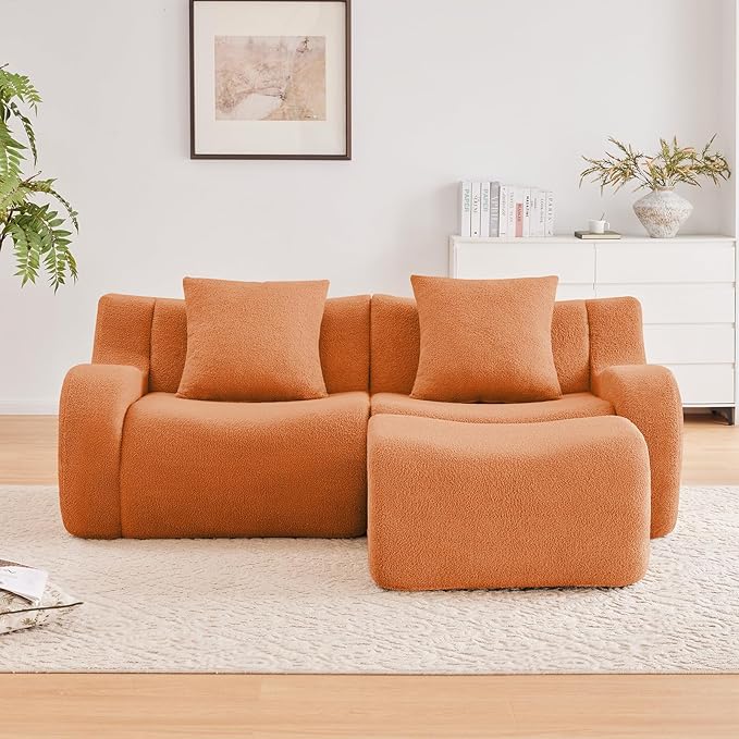 Orange Modular Cloud Couch Loveseat with 1 Ottoman, Teddy Fabric Boneless Sectional Sofa in a Box, Comfortable Floor Sofa for Living Room, No Assembly Required, Sofas para Sala