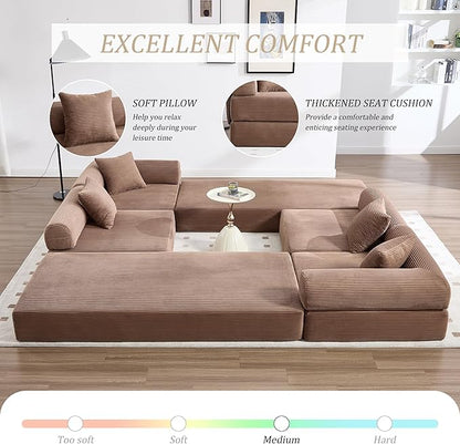 106" Oversized Convertible Sleeper Sofa Bed, Corduroy L Shape Sectional Couch, Folding Sofa Bed with Side Pocket, Modern Cloud Floor Mattress Couch, Modular Sofa for Living Room, Brown