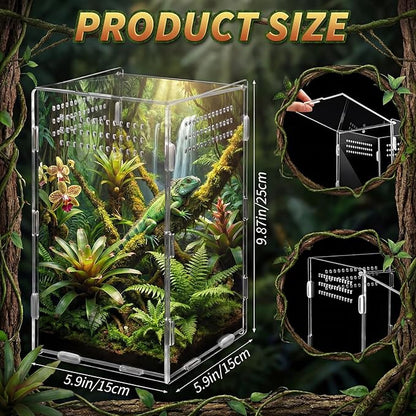 Hushee 2 Pcs Acrylic Reptile Terrarium Easy Assembly, 360° Clear & Keep Pet Secure Design for Jumping Spiders, Tarantulas, Frog, Mantis, Geckos, Ventilated Habitat Terrarium Enclosure 9.8*5.9*5.9in