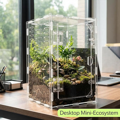 11.8 Inch Jumping Spider Enclosure, Desktop Micro Terrarium, Breeding Box, 360° Clear Acrylic Insect Habitat, 3-Side Ventilation, Easy Assembly, for Mantis, Tarantula, Snail, Small Reptiles, Plants