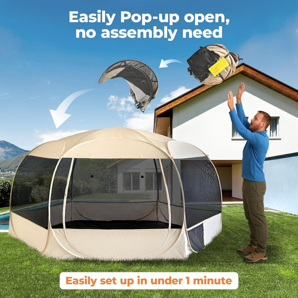EighteenTek XXLarge Popup Portable Dog Houses, 10'x4.8'H Assembly-Free Gazebo-Style Dog Cot Cat Playpen Screen Pet Tent Sun Shade Shelter Dog Bed with Canopy for Outdoor Anti-Bugs with Leakproof Floor