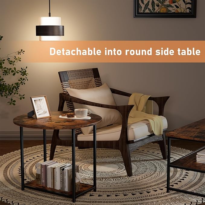 WOHOMO Coffee Table, Mid Century Modern Coffee Table for Living Room Rustic Farmhouse Center Table 2 in 1 Detachable Nesting Table Set, Brown