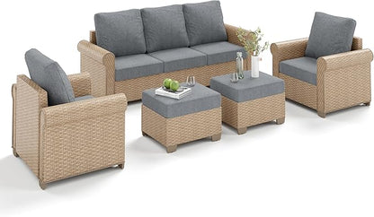 Patio Furniture Set 5 pcs, Wicker Outdoor Patio Furniture, 3-Seat Sofa, 2 Single Chairs and 2 Ottomans, Rattan Patio Conversation Set for Backyard Deck, Grey