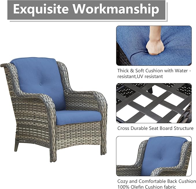 Rilyson Patio Chairs Outdoor Wicker Chair - Rattan Dining Chairs Porch Chairs Outside Club Chairs with High Back and Deep Seating(Mixed Grey/Blue)