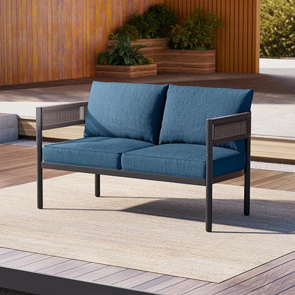 Gand Patio Outdoor Loveseat, Wicker Conversation Set with Thick Cushion for Porch, Garden, Yard, Peacock Blue